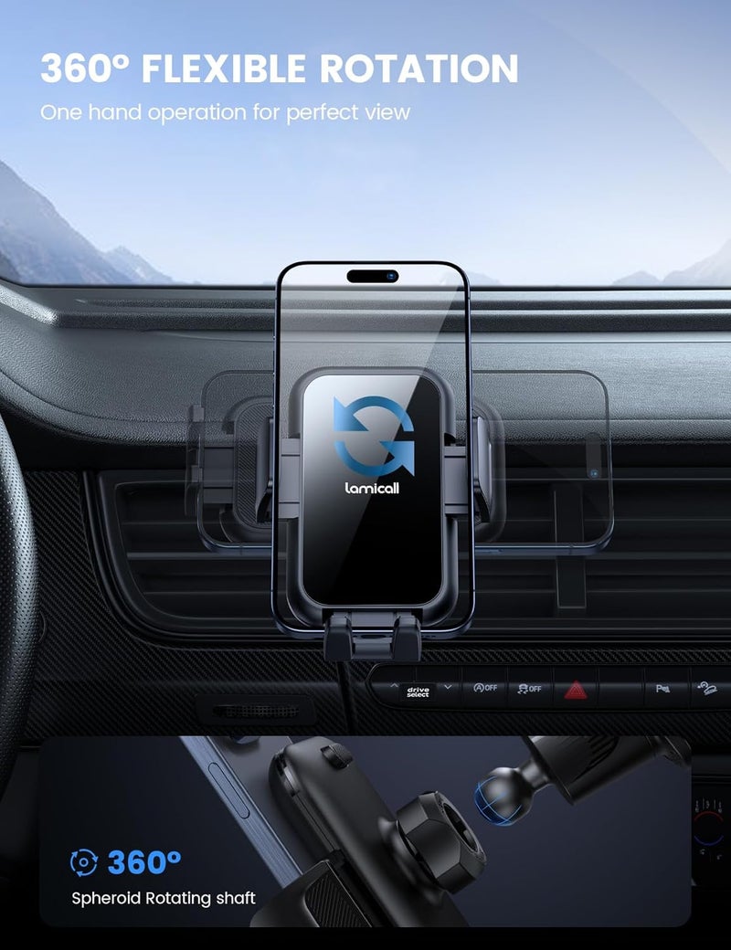 Lamicall 2025 Wider Clamp & Metal Hook Car Phone Holder Vent [Thick Cases Friendly] Phone Holders for Your Car Mount Automobile Hands Free Cradle Air Vent for iPhone 17 16 15 Pro Max Lucite Black - Image 5